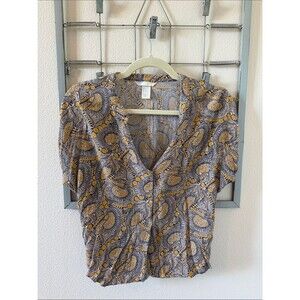 H&M Paisley V-Neck Blouse in Gray and Mustard Yellow Size 2